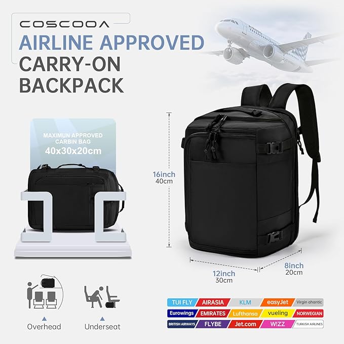 40x30x20cm Travel Bag, Expandable Carry on Travel Backpack 30-35L, 40x30x25cm Personal Item Bag,15.6inch Laptop Backpack with Shoe Compartment and Wet Pockets,Mochila de Viaje