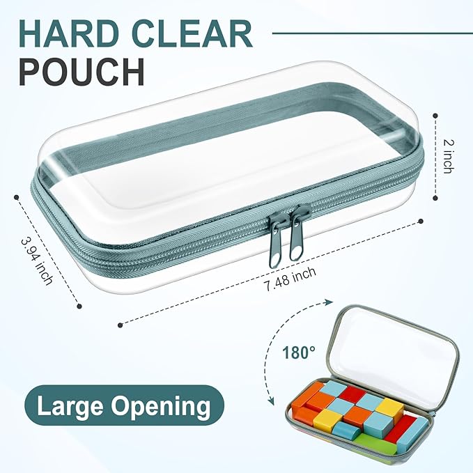 Sanwuta 6 Pcs Clear Hard Zipper Case Plastic Zipper Pouches Transparent Makeup Bag Pencil Case Pouches Toiletry Diaper Bag for Travel Toy Storage Organizer Bins(Blue-green,7.48 x 3.94 x 2 Inch)