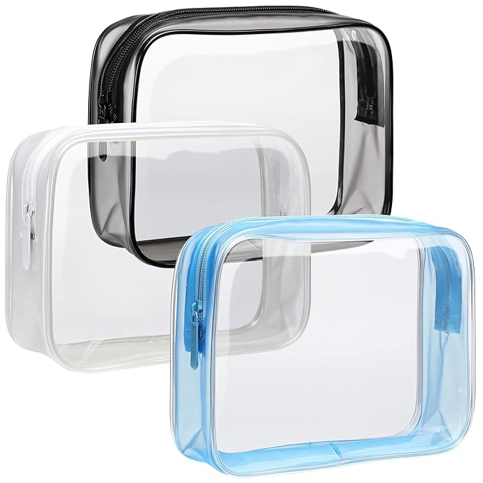 F-color TSA Approved Toiletry Bag 3 Pack Medium - Clear Makeup Bag Travel Quart Size for Women Men, Clear Cosmetic Bag Airport Airline Compliant Carry on Bag, Matte Black White Blue