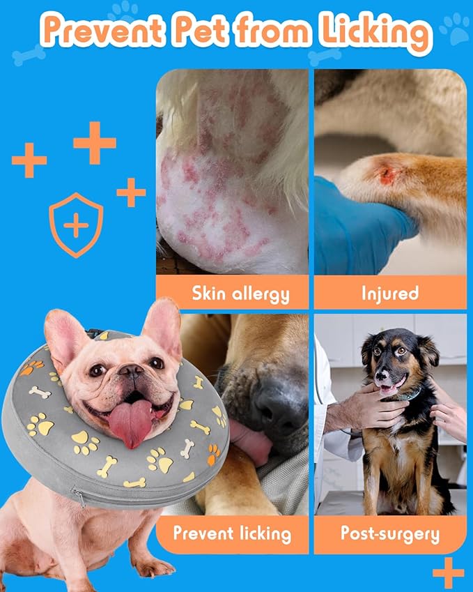 Inflatable Dog Pillow Cone Collar After Surgery, Donut Soft Neck Cone for Husky Border Collie Large Dogs, etc, Recovery E Collar to Stop Licking Grey