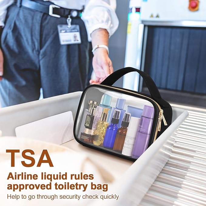 Wedama TSA Approved Toiletry Bag, 4 Pack Clear Makeup Bags with Handles, Quart Size Toiletry Bags, PVC Clear Cosmetic Bags for Women and Men, Carry on Airport Airline Compliant Bag, Black