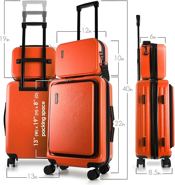 22 Inch Carry On Luggage, Carry On Suitcase with Wheels, Hardside Luggage Carry On, Expandable Orange Small Suitcase, Hard Shell Carry-on Luggage, Spinner Luggage with Cosmetic Carry On Bag