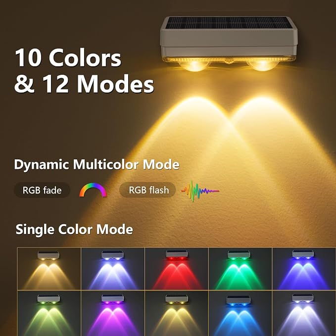 VOLISUN Solar Fence Lights Outdoor 12 Pack, 50Lumen RGB Color Changing | 2 LED Downlight, IP65 Waterproof, 10 Colors ＆ 12 Modes, Fence Lights Solar Powered for Backyard, Deck, Patio, Railing