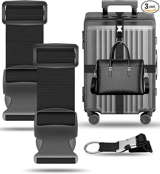 BILIONE 3Pcs Luggage Straps Set - 2 Suitcase Straps 70'' Long and 1 Add A Bag Strap, Adjustable Luggage Identifiers Nylon Travel Belt