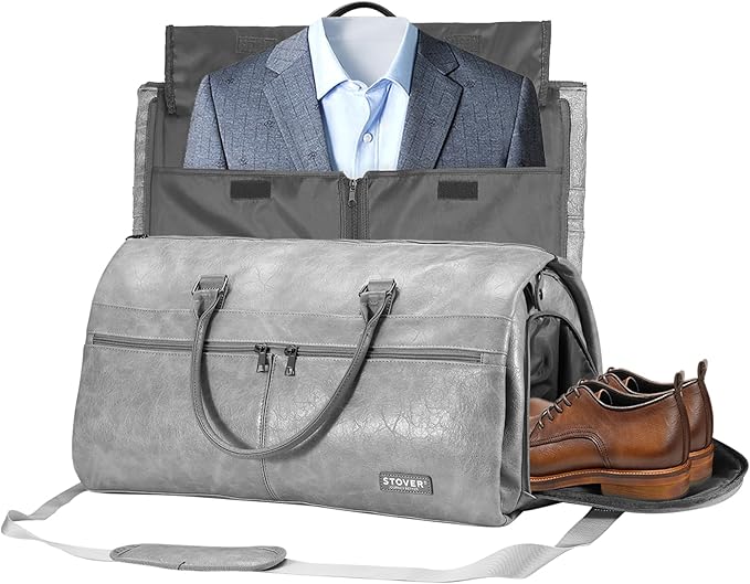 STOVER Garment Travel Duffle Bag, Large 2-in-1 Convertible Carry-on Luggage for Men & Women- Hanging Suits, Dresses & Clothes + Shoe Compartment- Weekender Tote Combo Duffel (Grey Leatherette)