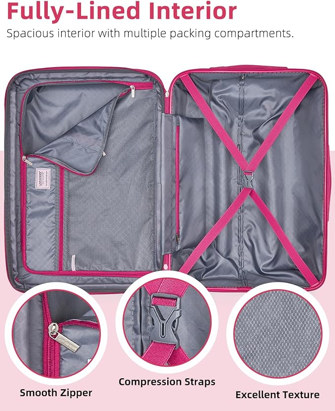 LARVENDER Carry on Luggage 22x14x9 Airline Approved, 20 Inch Hardside Suitcase with Wheels TSA Lock, PC+ABS Lightweight Travel Luggage Sets for Women, Berry Sparkling, 3 Piece Set
