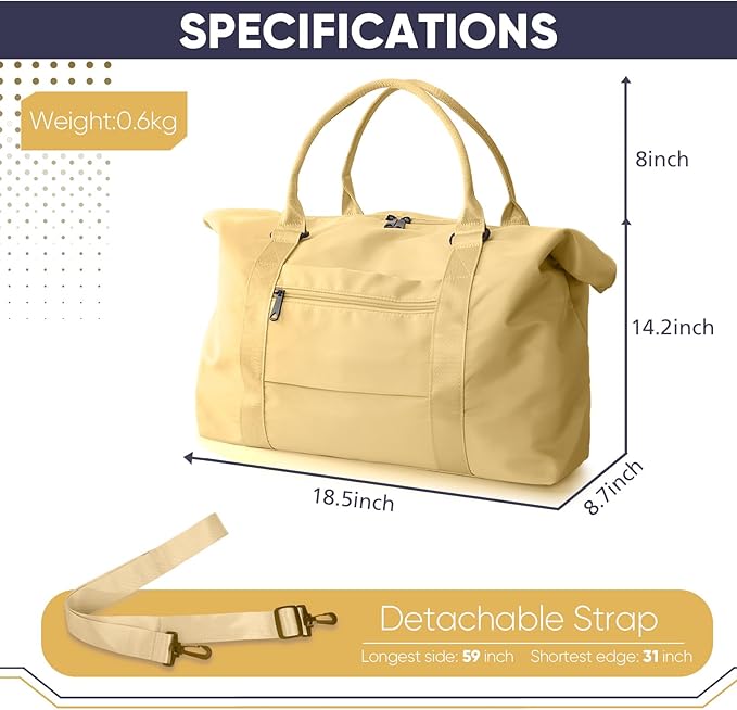 Travel Duffle Bag, Weekender Travel Bag Men Small Gym Bag for Women, Hospital Bag for Labor and Delivery, Overnight Bag Luggage Bag with Trolley Sleeve, Airplane Travel Essentials for Flying(Yellow)