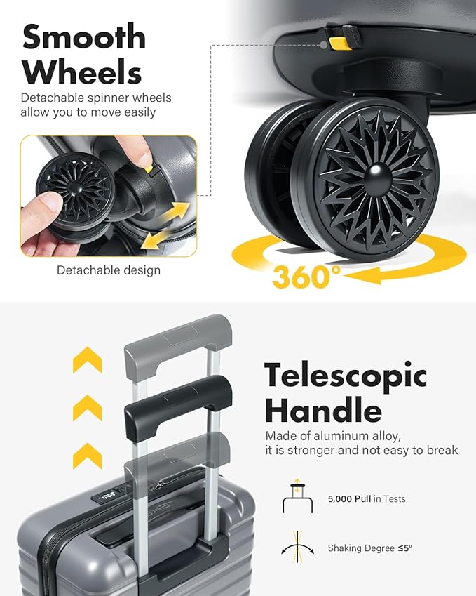 Lekesky 16 Inch Underseat Carry On Luggage Airline Approved, Small Hard Shell Suitcase with TSA Lock Spinner Wheels, Lightweight Personal Item Carry-On for Travel, Grey