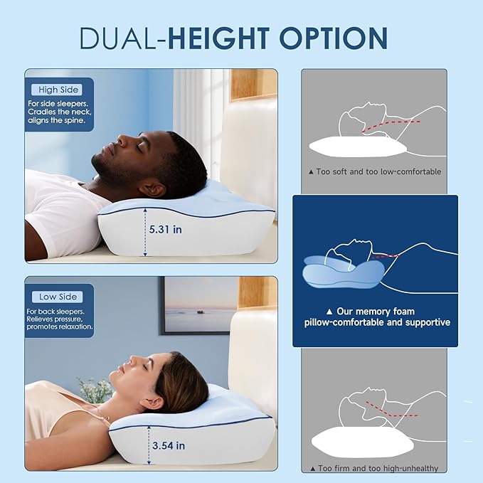 Cervical Pillow for Neck and Shoulder, Ergonomic Side Sleeper Pillow for Pain Relief, Cooling Memory Foam Pillows for Sleeping, Contour Pillow Orthopedic Bed Pillow for Back Stomach Sleepers (Blue)
