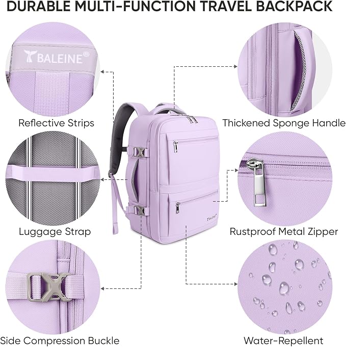 BALEINE Travel Backpack for Women Men, Large Sturdy Carry On Laptop Backpack Gifts for Business, Casual, Weekender, Hiking (Large, Lavender)