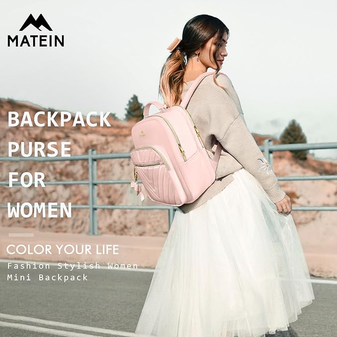 MATEIN Bowknot Cute Backpack Purse, Fashion Mini Shoulder Bag, Waterproof Lightweight Travel Daily Backpack College Handbag for Ladies Women, 2pcs Sets, Pink