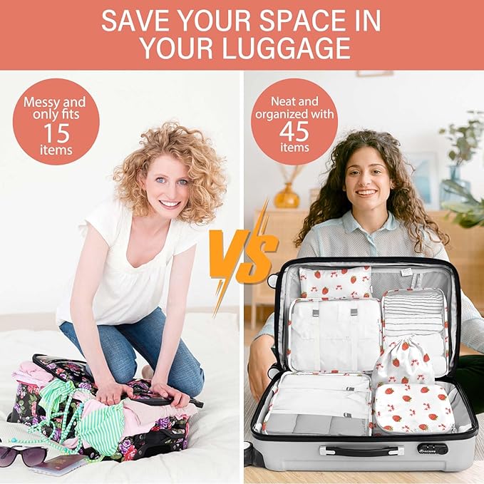 KPX 8 Set Packing Cubes for Travel, Luggage Packing Organizers Accessories Large Toiletries Bag for Clothes Shoes Cosmetics (Strawberry+Butterfly)