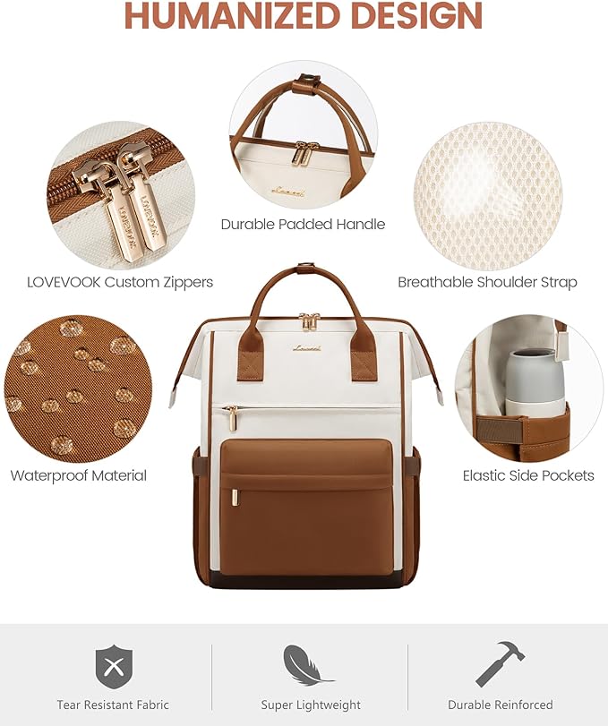 LOVEOVOOK 15.6 Inch Laptop Backpack for Women, Large Capacity Travel Backpack with USB Charging Port, Waterproof Work Backpack for Business, College, Nursing & Airline Travel,Brown White