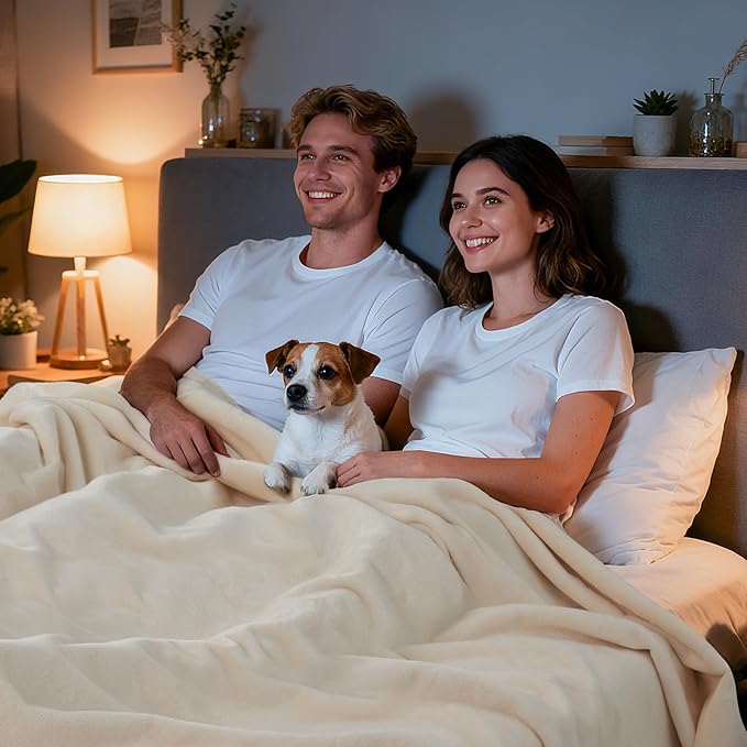 LOOBANI Waterproof Blanket for Bed: Reversible Soft Flannel Twin Bed Blanket 60" x 80", Leakproof Throw Spill-Proof Dog Pet Blanket for Couch, Sofa Protect, Movie Time, Camping, Travel, Beige
