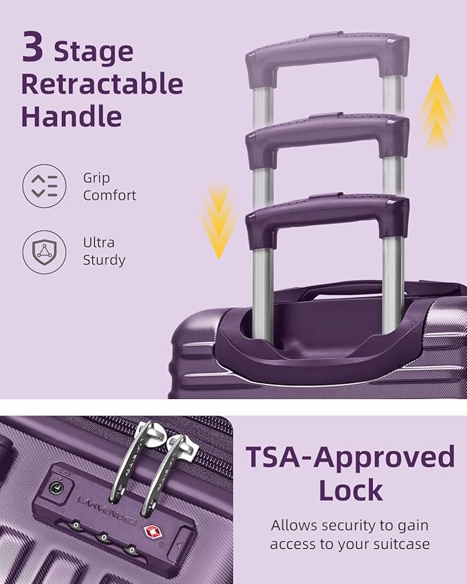 LARVENDER Carry on Luggage 22x14x9 Airline Approved, Expandable 20 Inch Hardside Suitcase with Wheels TSA Lock, PC+ABS Lightweight Carry on Suitcases for Women and Men, Royal Purple (20/DB/TB)
