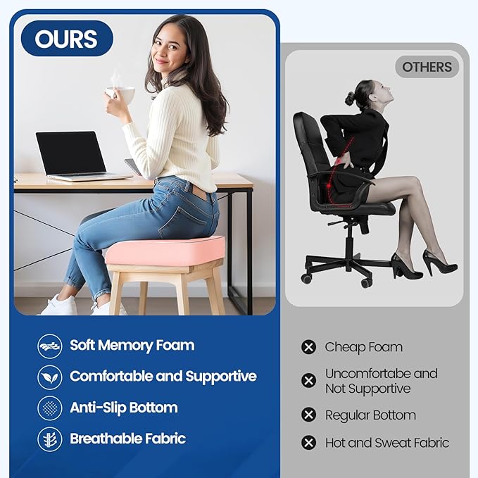 Seat Cushion for Tailbone Pain Relief, Office Chair Cushion, Memory Foam Large Chair Cushion with Non-Slip Cover for Soft Support at Office Chair, Car Seat, Airplane Pink/Large