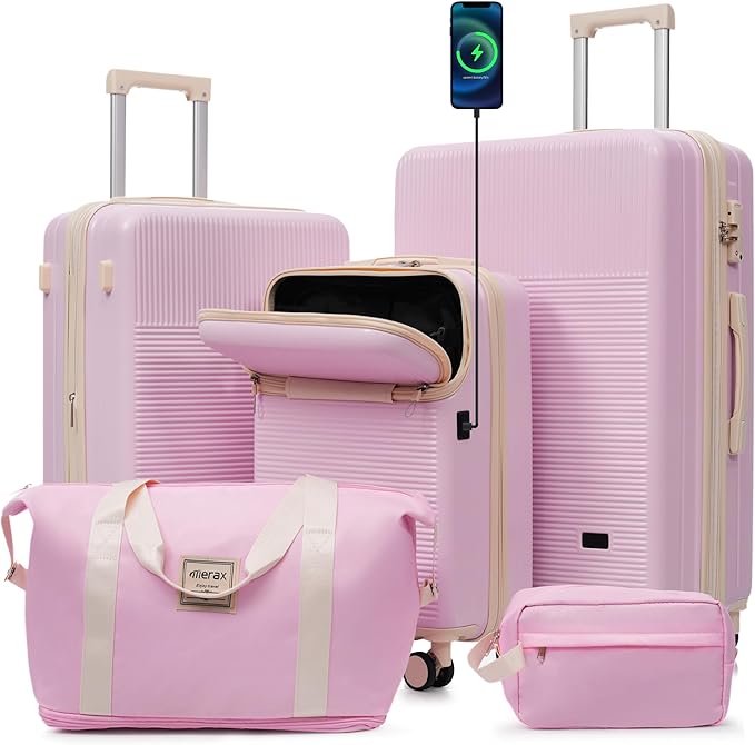 Merax Luggage Sets 5 Piece with Half-opening, Hardside 20" Carry On Suitcase Set with USB Port,Lightweight Travel 24" 28" Luggage with Bags TSA Locks Double Spinner Wheels,Light Pink