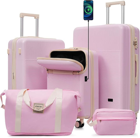 Merax Luggage Sets 5 Piece with Half-opening, Hardside 20" Carry On Suitcase Set with USB Port,Lightweight Travel 24" 28" Luggage with Bags TSA Locks Double Spinner Wheels,Light Pink