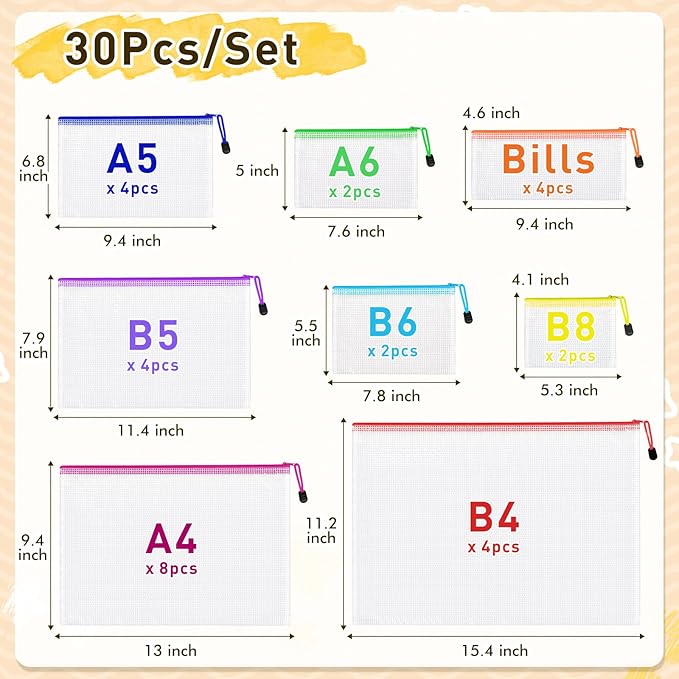 30pcs Mesh Zipper Pouch Bags, 8 Sizes Plastic Zippered Storage Bags for Organizing, Clear Pouches with Zipper, Waterproof Mesh Pouch for Office School Supplies, Home Organize, Travel Storage