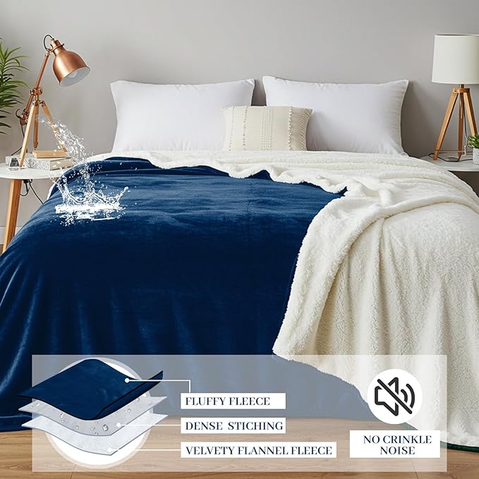 King Size Waterproof Blanket for Bed Couch, 80'' x 80'' Double Side Leakproof Reversible Sherpa Flannel Fleece 3-Layer Lightweight Blanket, Absorbs 70oz(Navy Blue/White), Machine Washable
