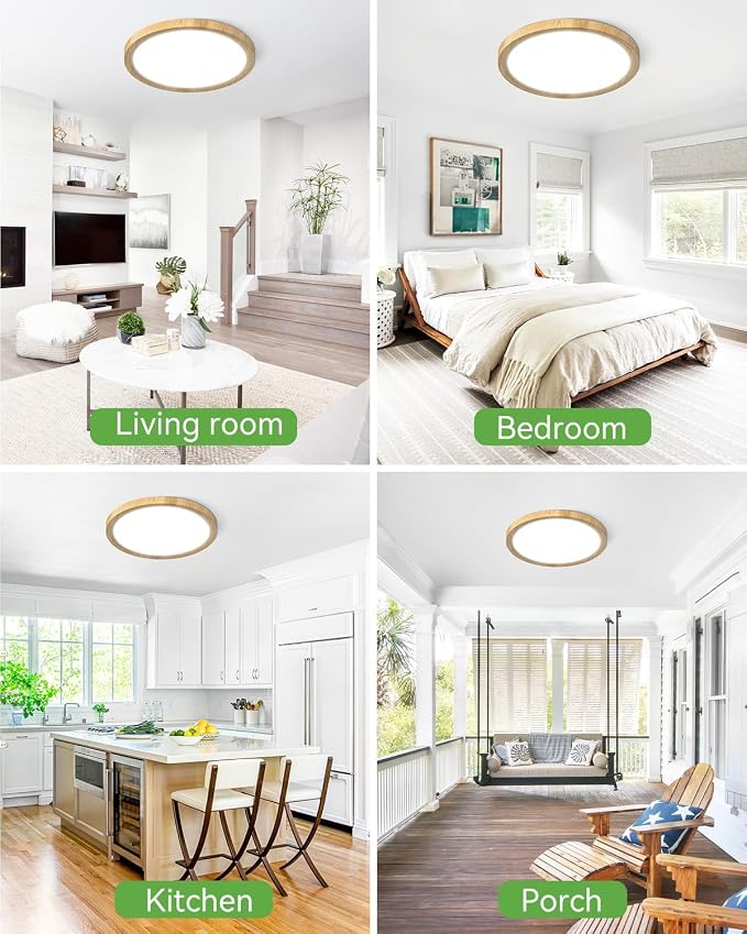 zemty 12Inch Wood-Look Ceiling Light, 28W 3200lm LED Flush Mount Ceiling Light with 3 Color Temperature 3000K/4500K/6000K - Round Flat Light Fixture for Kitchen Bathroom Livingroom，1Pack