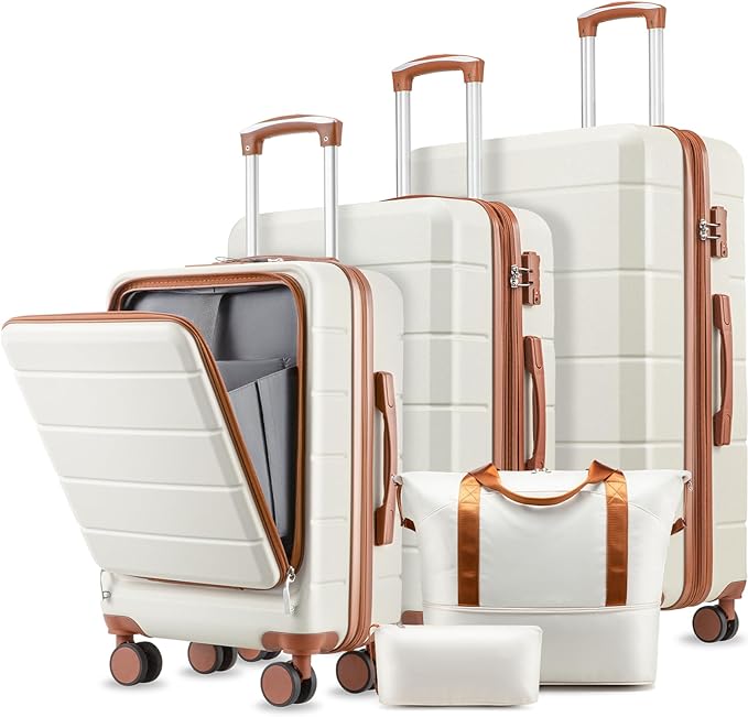 5 Piece Luggage Set Hardside Expandable Suitcase with TSA Lock Spinner Wheels Lightweight Travel Set Includes Tote and Toiletry Bag, (5 Piece Sets, White)