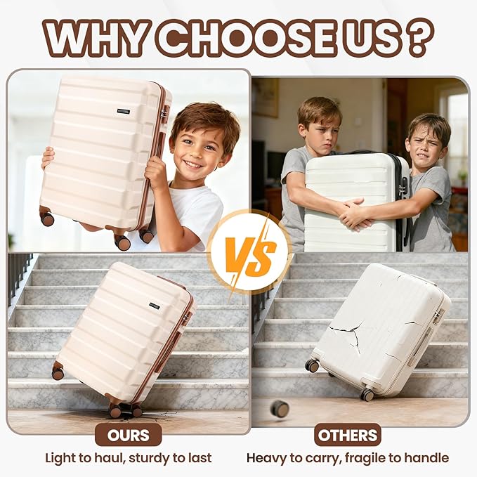 Hoteel Luggage Sets 3 Piece, 4-Year Warranty, Carry-On Luggage with Dual-Spinner Wheels, ABS Hard Shell Suitcase with TSA Locks, 20 Inch Lightweight Luggages for Travel, Beige(20IN/DB/TB)