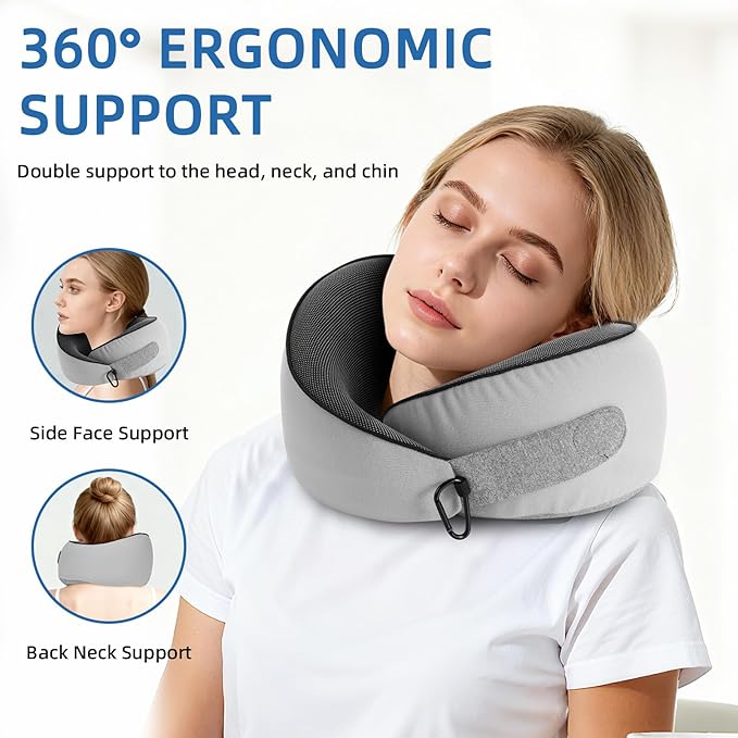 Travel Pillow - Neck Pillow Airplane Memory Foam Filling for Plane,Cars Sleeping, Road Trip, Long Flights, Portable Plane Accessories, Includes Eye Mask & Earplugs (Light Gray)