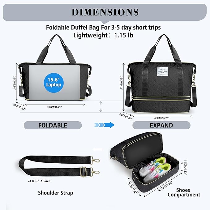 Geestock Travel Duffel Bag, Weekender Bags for Women, Carry on Overnight Bag with Shoe Compartment & Trolley Sleeve, Personal Item Travel Bags with Storage Pouch for Travel, Yoga, Gym, Hospital, Black