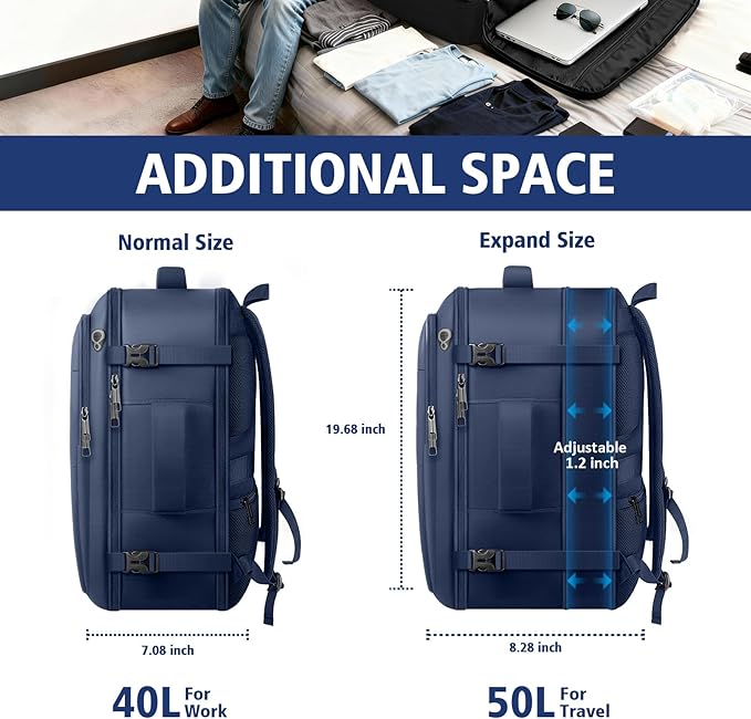 tazbuzo Travel Backpack, Extra Large 50L Flight Approved Carry on Backpack, Expandable Waterproof Business Suitcase Daypack Big Bag Fits 18.4 Inch Laptop, Blue