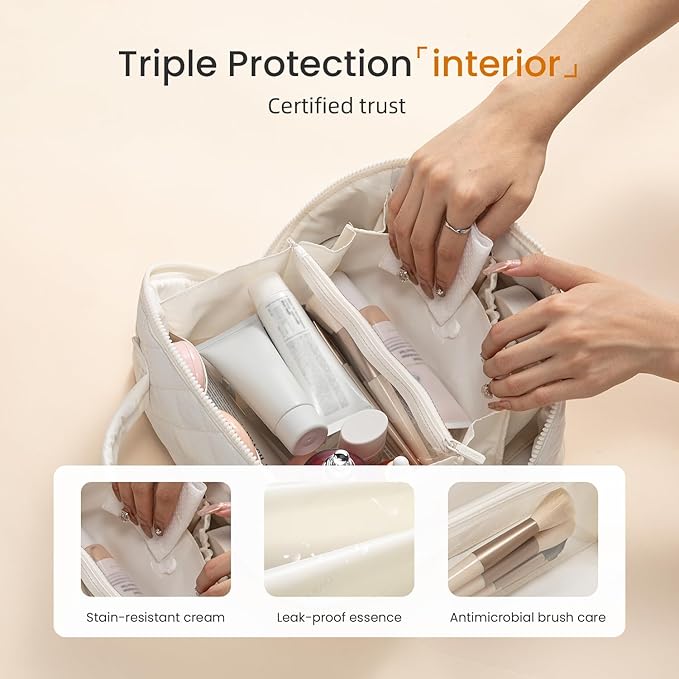 LOVEVOOK Travel Makeup Bag for Women, 2Pcs Puffer Waterproof Cosmetic Organizer, Large Capacity Pouch Open Flat Small Toiletry Bag with Brush Compartment & Handle (Off-white, Medium)
