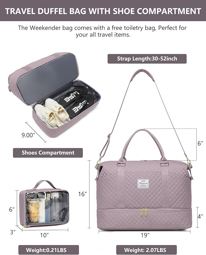 Women Weekender Travel Duffle Bag: Travel Duffel Overnight Bags with Shoe Compartment Carry on Tote Bags Toiletry Bag Weekend Yoga Gym Hospital Bags for Labor and Delivery with Wet Pocket Purple Grey