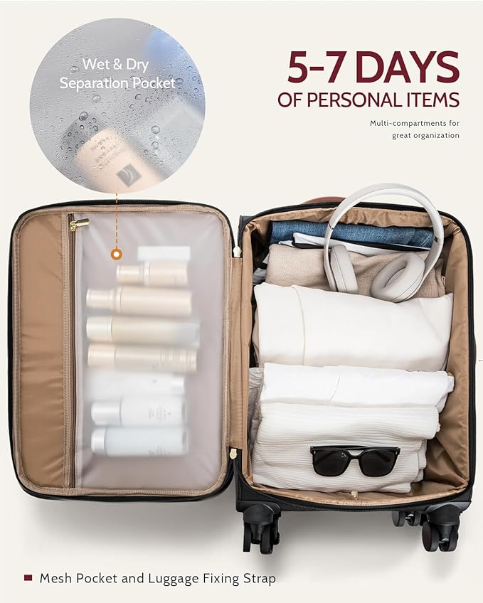 Carry On Luggage 22x14x9 Airline Approved, 20 Inch Softside Suitcase with 360° Spinner Wheels & TSA Lock, Ultra-Lightweight Water-Resistant Large Capacity Luggage for Women & Men