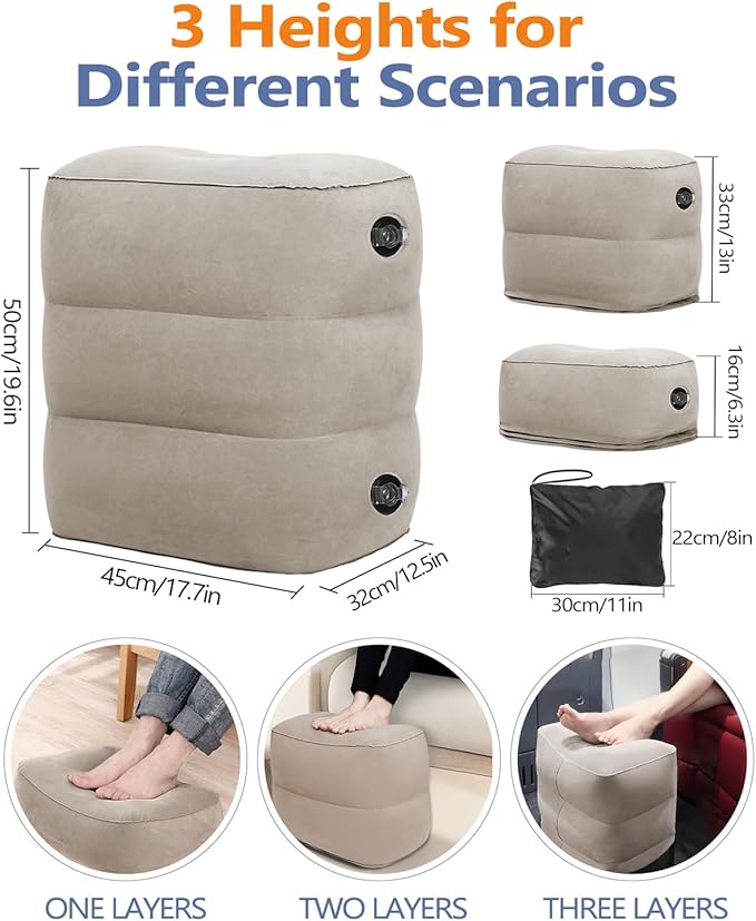 YSJILIDE Inflatable Travel Foot Rest Pillow, Travel foorest Pillow for Kids/Adults, Adjustable 3 Layers Height Leg Rest Pillow, Great for Living Room, Train, car (1 Pack)