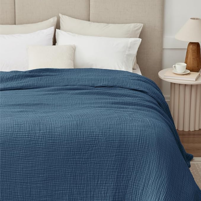 100% Cotton Muslin Blanket Queen 90" x 90", 6 Layers Breathable and Lightweight Cotton Throw Blanket for Bed, Soft Quilt Bedspread Coverlet, Gauze Blanket for Adults All Season, Blue