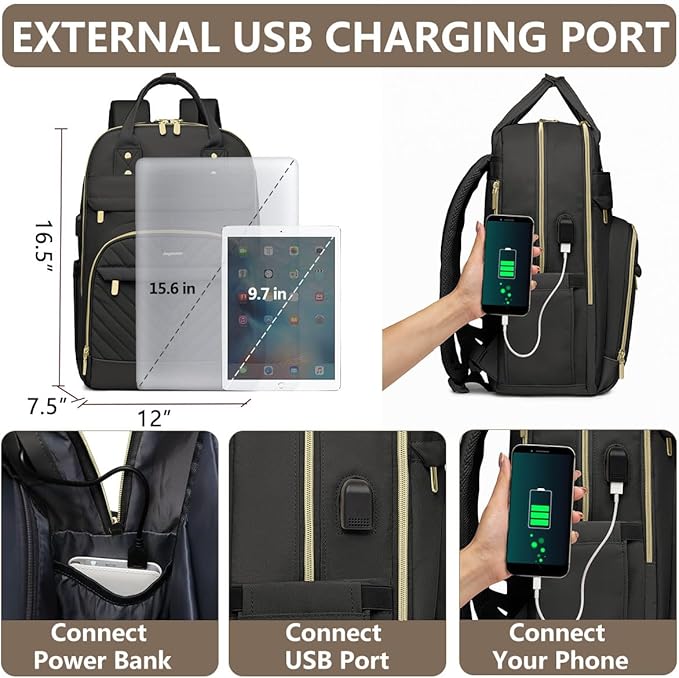 Laptop Backpack for Women Work Bag - 15.6 inch Black Travel Backpack College Backpack with USB Charger Business Office Back Pack for Teacher Casual Waterproof Bookbag for Nurses