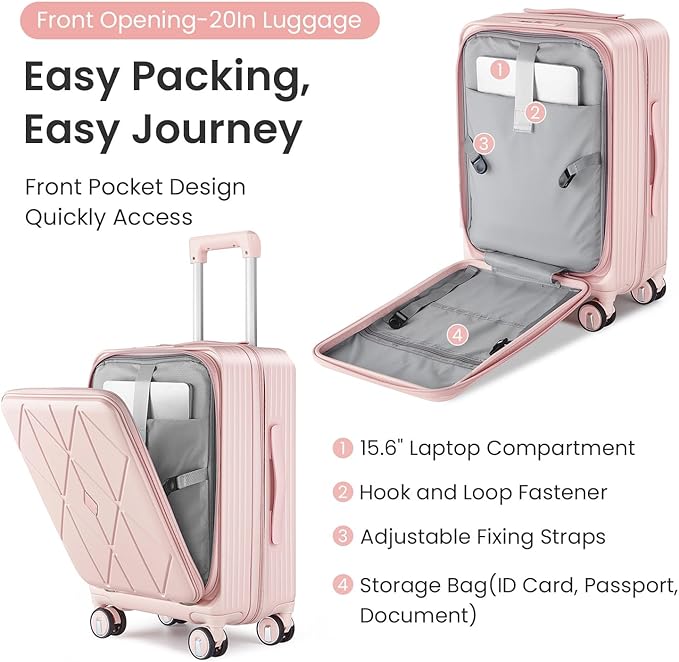 3 Piece Luggage Set 100% PC Hardshell, Front Opening Expandable Suitcase (20/24/28) with Laptop Compartment & Free Custom PVC Covers, Trunk Style Lightweight Spinner Wheels TSA Lock (Pink)