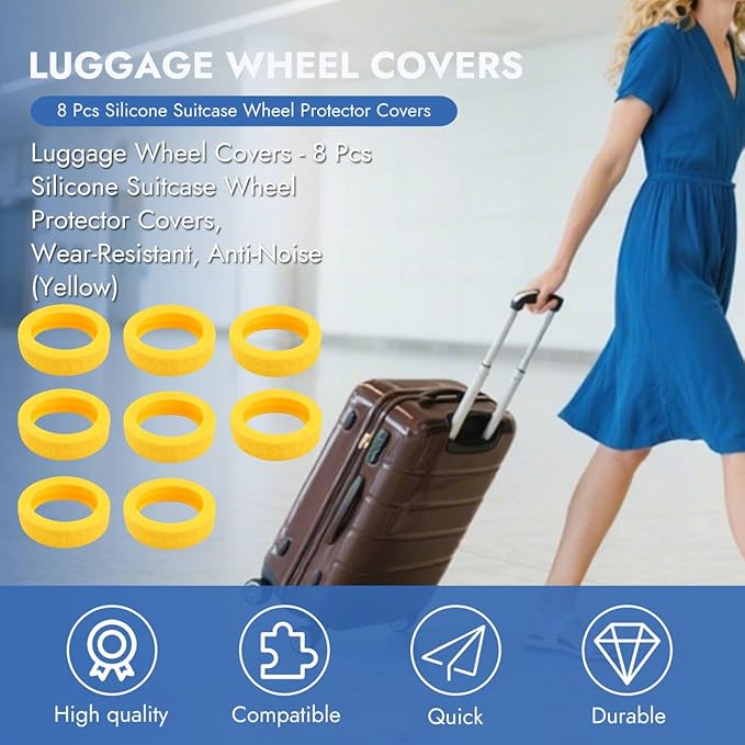 8 Pcs Yellow Luggage Wheel Covers Premium Silicone Protectors 2.1-2.4 Inch Spinner Wheels Wear-Resistant Silent Rolling Durable Protection Fits Most Suitcases & Office Chair Casters