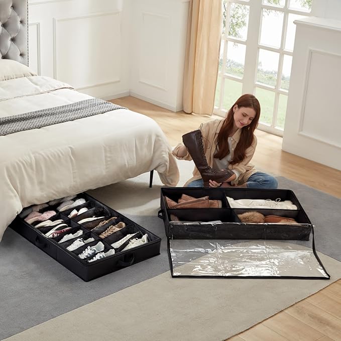 Lifewit Under Bed Shoe Storage Organizer 2 Pack(16 Pairs+4 Pairs), 4.3" Tall Fabric Shoes Container Box, Foldable Closet Shoe Bag with 2 Reinforced Handles and Clear Cover, Black