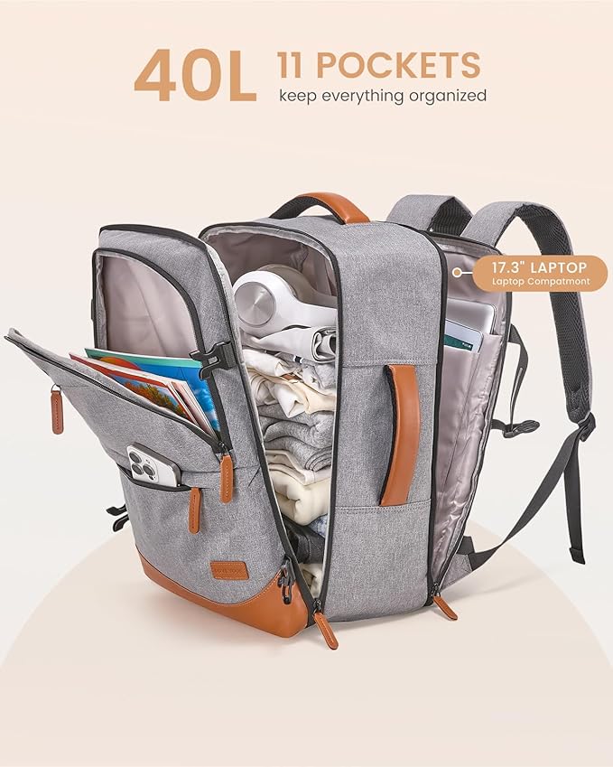 LOVEVOOK Travel Backpack for Women & Men, 40L Carry on Backpack Airline Approved, Large TSA Personal Item Travel Bag fits 17.3" Laptop, Business Weekender Bag for Essentials, 4Pcs