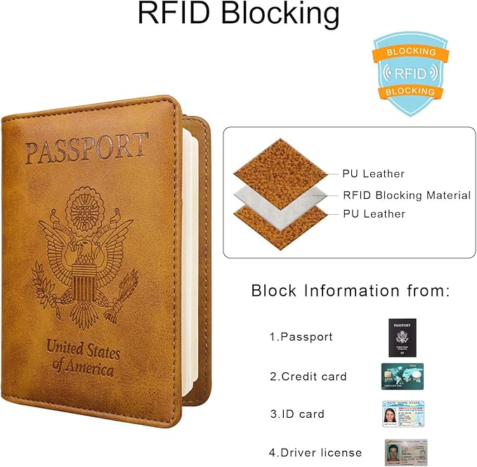 WALNEW Passport Holder for Travel, RFID Passport Cover Wallet for Women Men, PU Leather Passport Book Card Holder Case with Pen (Elastic Band Closure, AA-Brown+Rosegold)