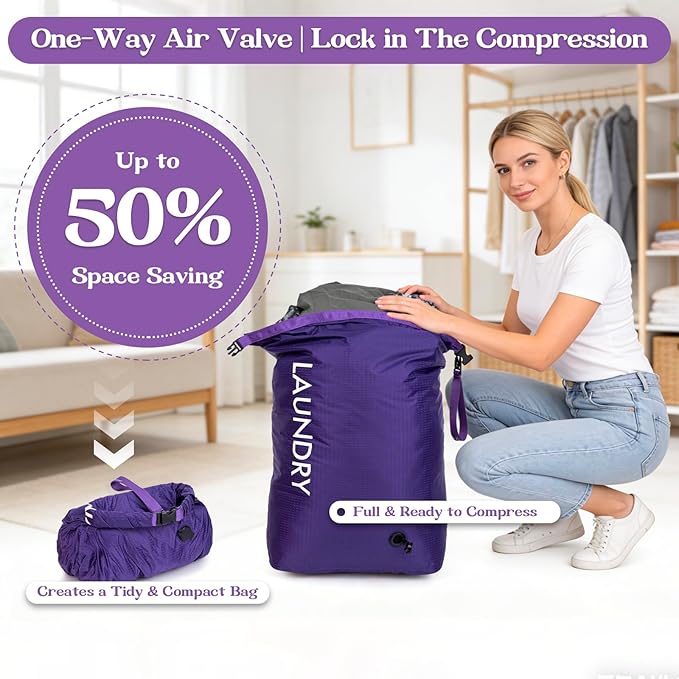 Travel Laundry Bag, Vacuum Compression Dirty Clothes Travel Bag, Waterproof Wet/Dry Space-Saving Laundry Storage Organizer, Smell Proof Storage Bag for Clothing, Swimming, Yoga, Gym, Camping
