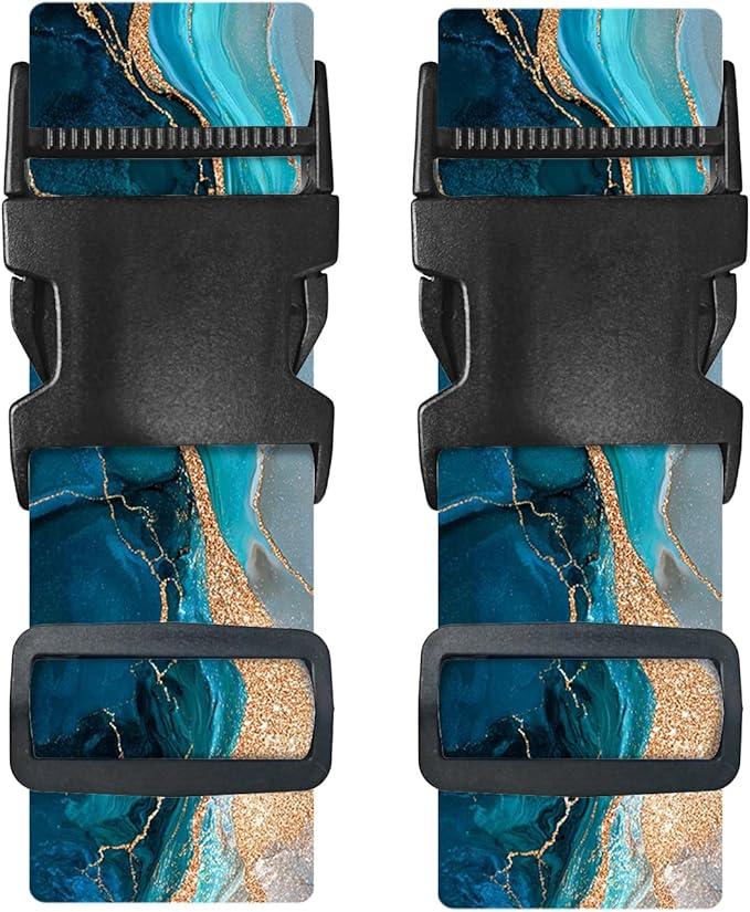 Nuxovilar Luggage Straps of 2 Set Blue & Gold Fluid Art Pattern, 1.96x90.5 inches - Luggage Straps for Suitcases, Nice for Art Lovers, Travel, Adventures