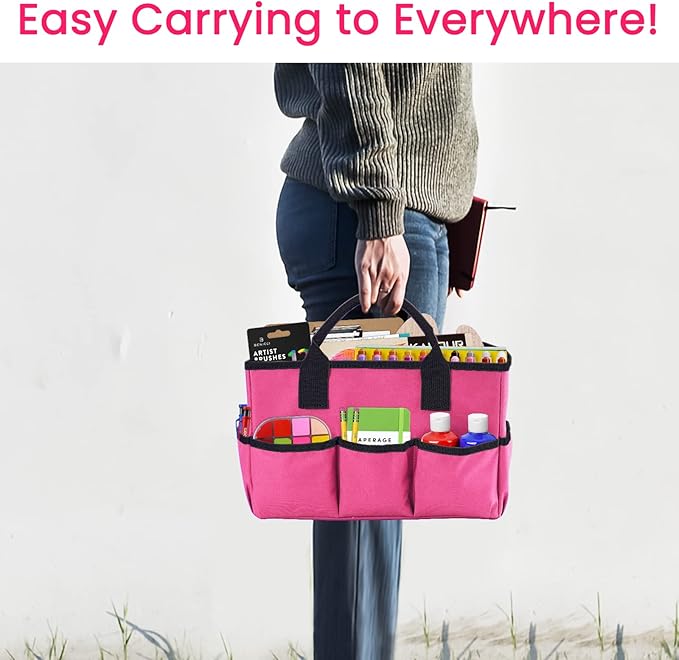 Godery Desktop Tote and Organizer, Teacher Helper Caddy Bag for Arts, Books, Stationery, Office Desk Organization, Make-up Storage with Handles for Travel, Pink