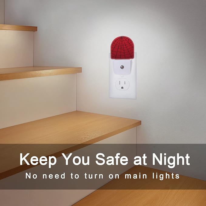 Red Spider Web Night Light,Plug-in Wall Led Night Lights Decor for Boys Girls Room,Dusk to Dawn Sensor Wall Lamp for Stairway/Hallway/Kitchen,0.5W
