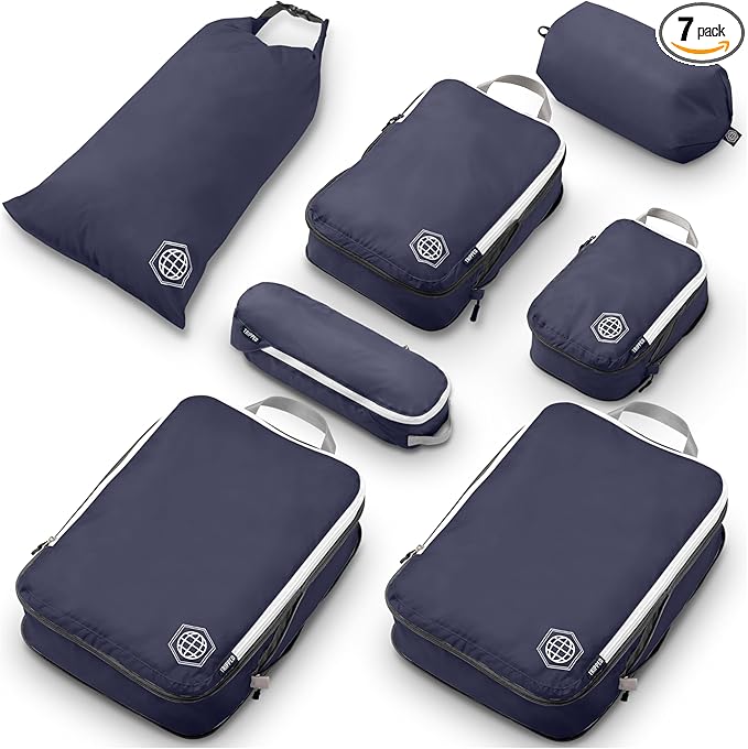 Large Compression Packing Cubes for Travel-Packing Cube Luggage Organizers 7 Piece Set for Checked Luggage-Ultralight, Expandable/Compression Bags by TRIPPED Travel Gear (Navy/White)