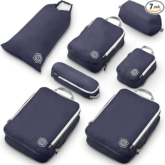 Large Compression Packing Cubes for Travel-Packing Cube Luggage Organizers 7 Piece Set for Checked Luggage-Ultralight, Expandable/Compression Bags by TRIPPED Travel Gear (Navy/White)