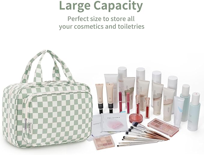 Narwey Travel Toiletry Bag for Women Large Capacity, Hanging Makeup Bag Organizer Toiletries Bag for Full Size Essentials, Accessories, Brushes, Cosmetics (Mint Green Checkerboard (Large))