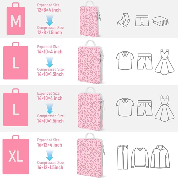 4 Set Compression Packing Cubes For Travel Bags Organizer For Luggage Suitcase Organizer, Compression Bags For Travel Accessories Luggage Storage Set (4 Pcs, Pink Leoparda)