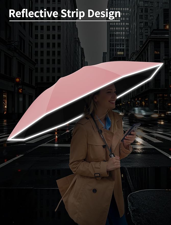 Seniny Inverted Travel Umbrella Compact - Windproof Umbrellas for Rain with Reflective Strip, Large UV Umbrella for Sun Protection, Automatic Portable Umbrellas Fold in Reverse for Car, Backpack